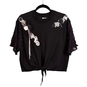 Now Stuff Cropped Top Womens M/L Black Lace Floral Embroidered Tie Knot Shirt